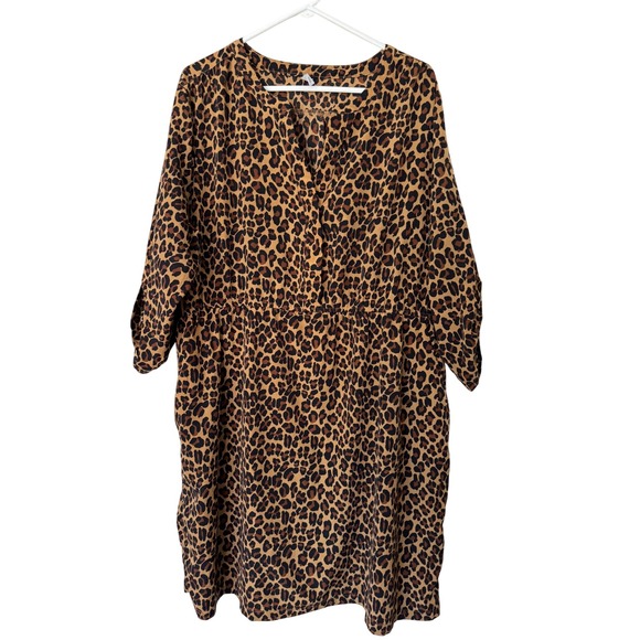 Old Navy Leopard Print Dress Womens XXL Plus Size Brown V Neck 3/4 Sleeve - Picture 1 of 7